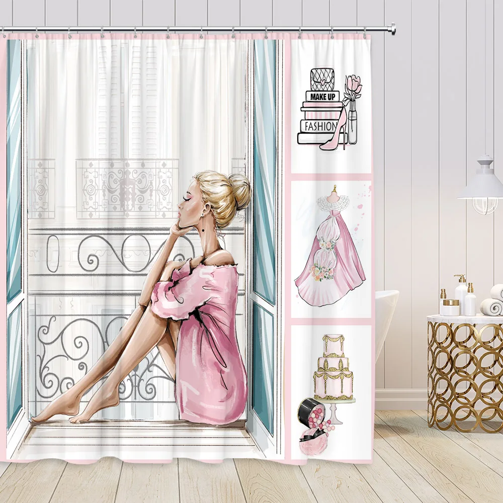 Pink Perfume Shower Curtains Cosmetics High Heels Flowers Black White Stripes Bathroom Decor Girl Fashion Vintage Bath Curtain