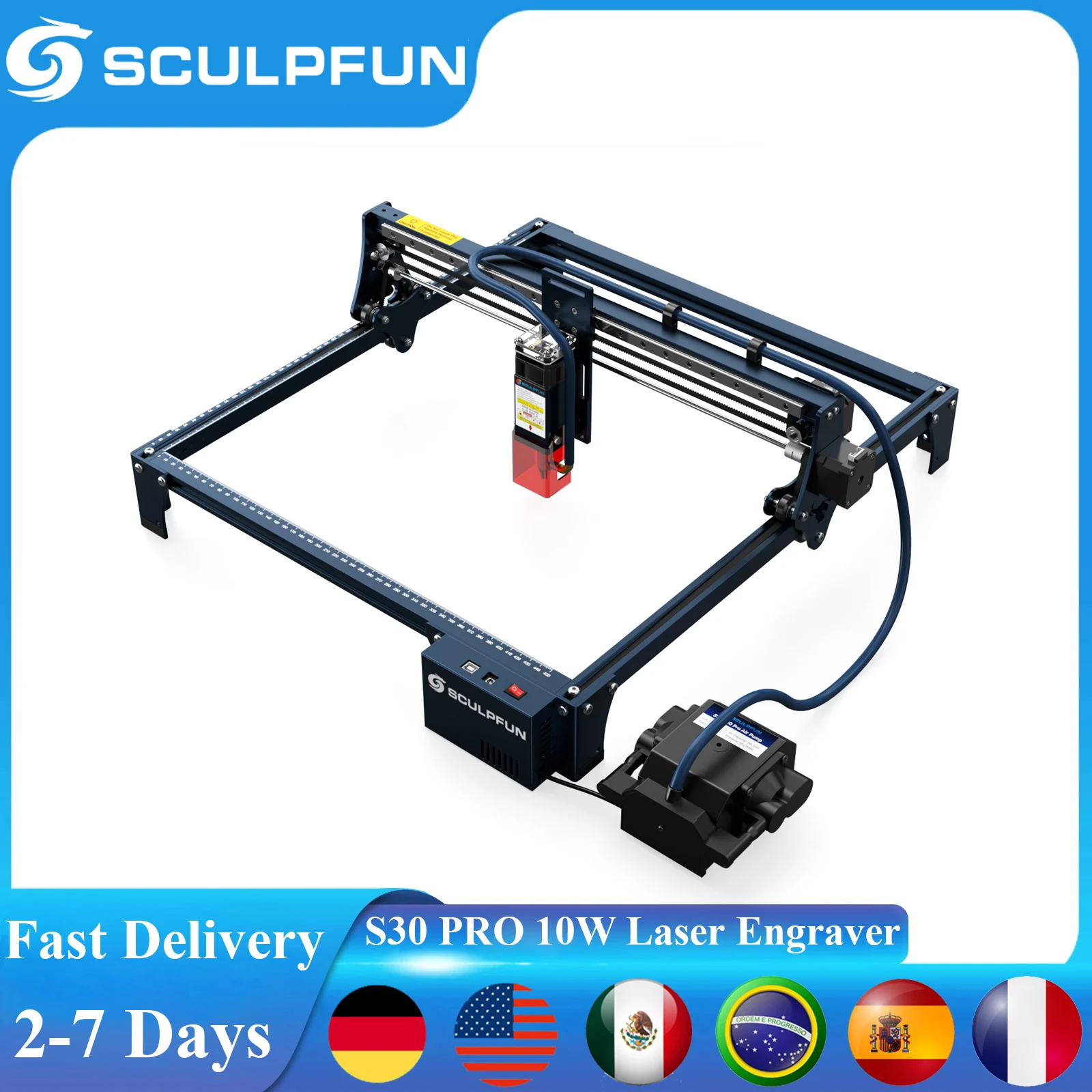 SCULPFUN S30 Pro Laser Engraver Automatic Air-assist 10W Cutting Engraving Machine with Replaceable Lens  410x400mm Work Area