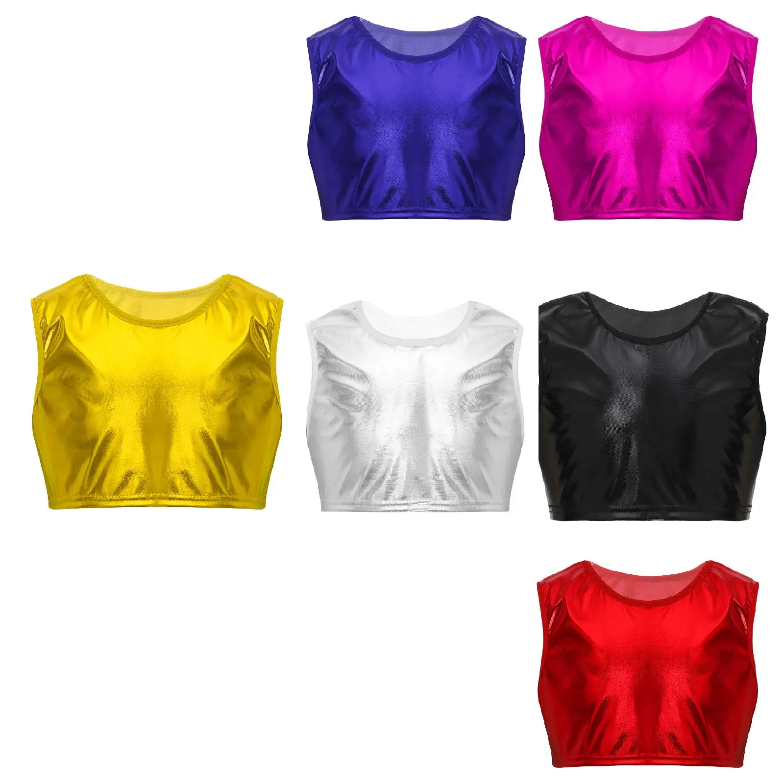 Kids Boys Girls Metallic Dance Tops Sleeveless Shiny Tank Crop Top Vest For Gymnastic Ballet Dancewear Stage Performance Clothes