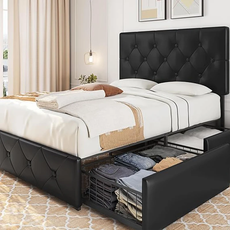 Yaheetech cushion bed 140x200 cm double bed bed frame with 4 drawers height adjustable headboard Padded bed with Latt