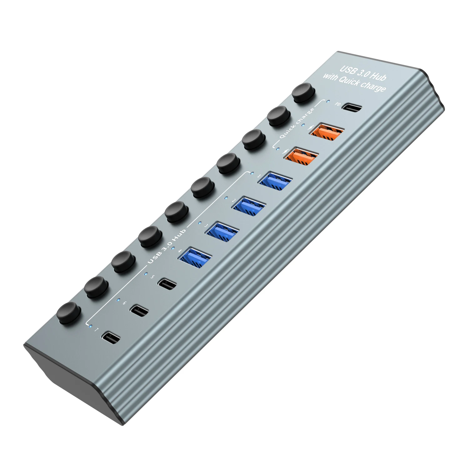 6-USB A 3.0 3-type-c  1-PD Hub Aluminum Multi Ports Splitter Concentrator Quick PD Charger Power Adapter With Switch