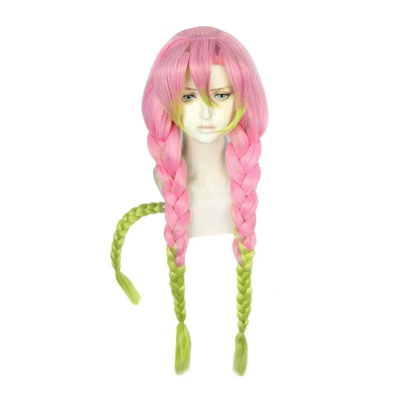 Synthetic Long Wig Pink Gradient Green Three-strand Ponytail Twist Braids Fake Hair for Woman Cosplay Halloween Festivals Party