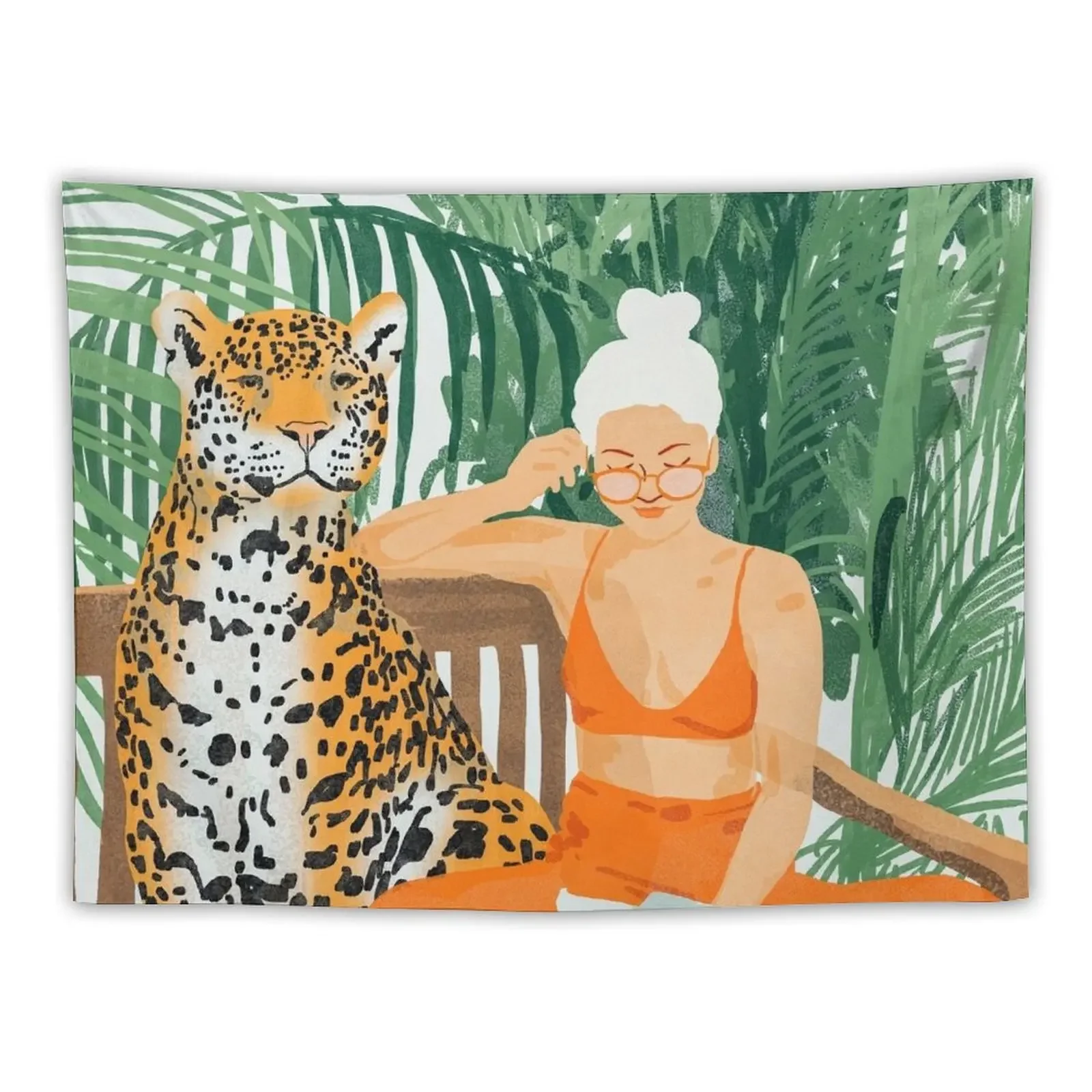 

Jungle Vacay | Modern Bohemian Blonde Woman Tropical Travel | Leopard Wildlife Forest Reader Tapestry Art Mural Tapestry