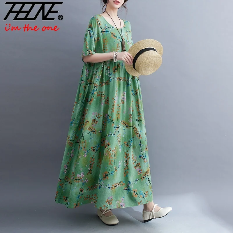 Oversized Dresses for Women 2023 Summer Floral Cotton Linen Loose Vestidos Para Mujer Robe Casual Long Maxi Dress Vintage Print