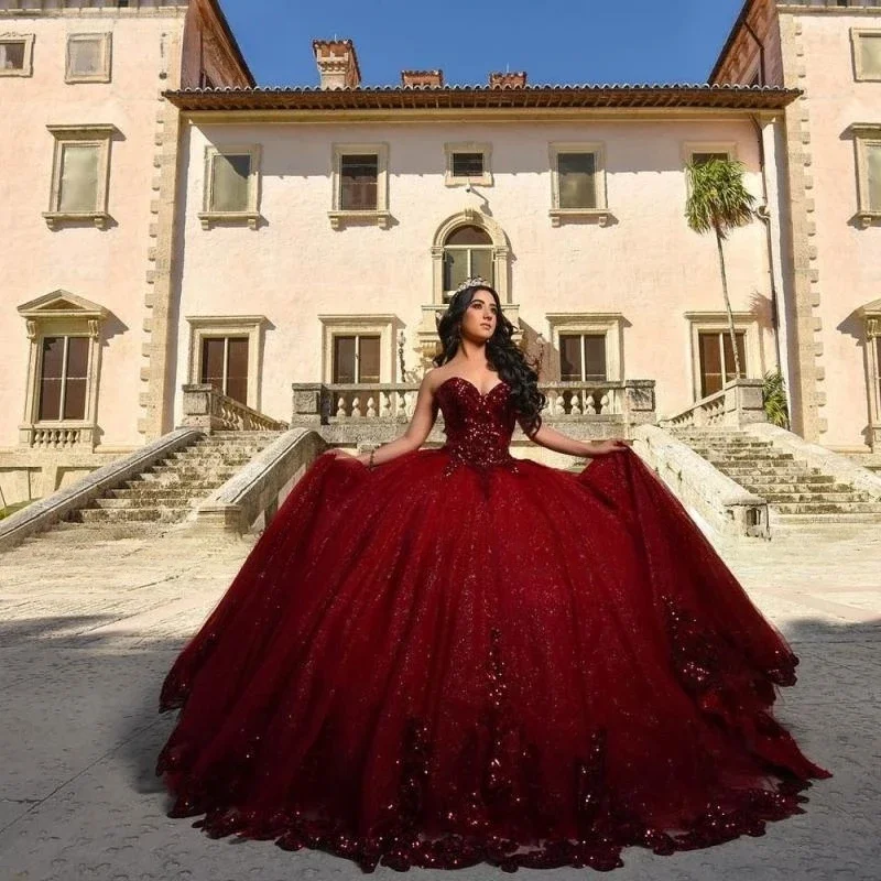 Vestidos Quinceanrea Borgonha com apliques de renda, vestido de baile, vestido de baile, vestido princesa, vinho tinto, querida, 15, 16, 2024