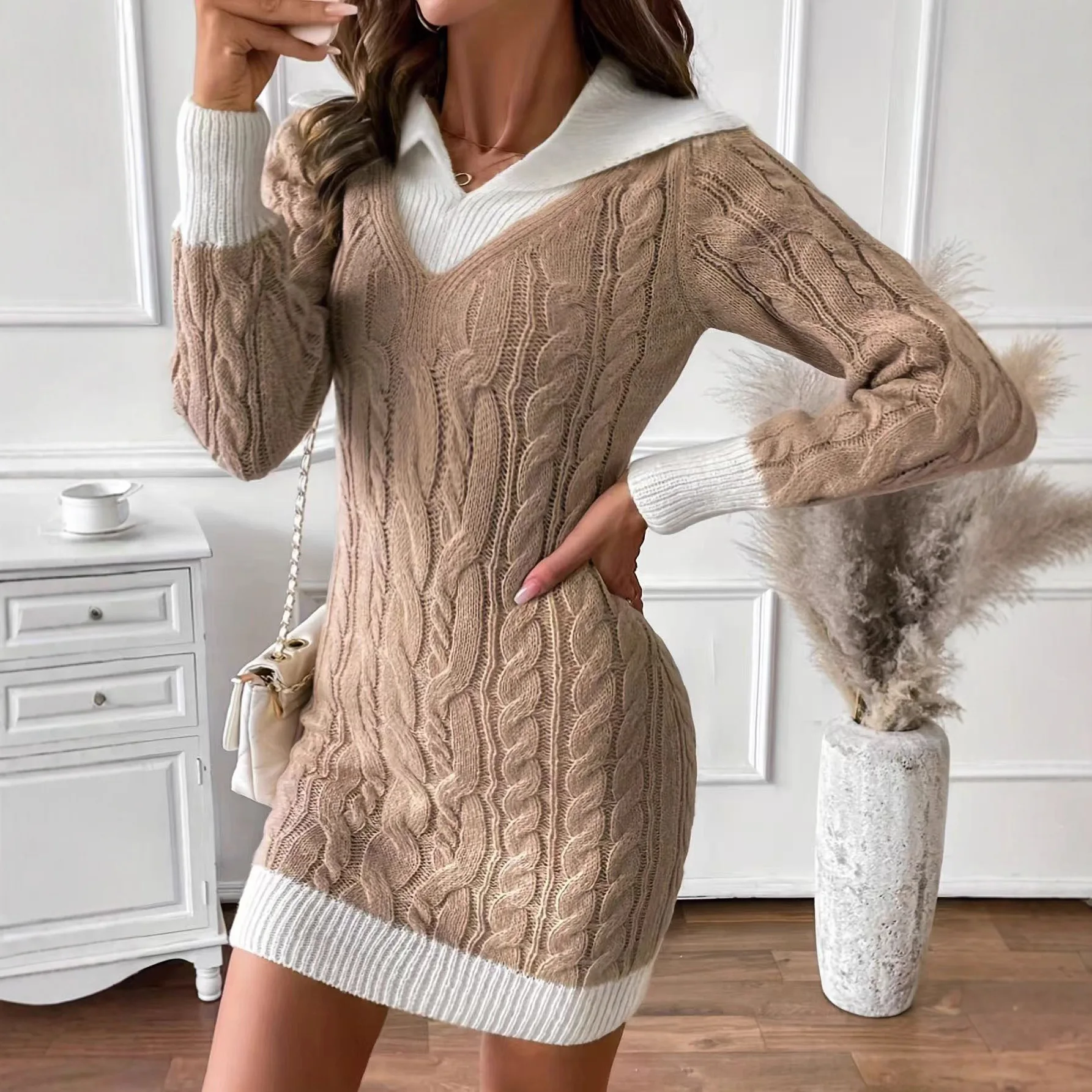 

Elegant Knit Patchwork Dress For Women Fashion Sexy Long Sleeve V Neck Cable Slim Package Hip Mini Dresses Lady Casual Clothes