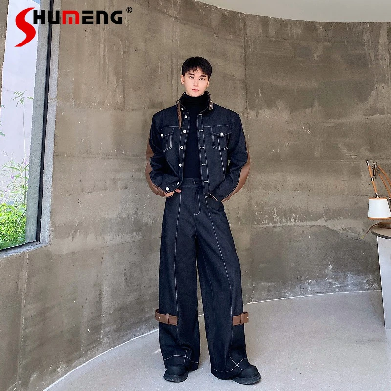 

Мужские утепленные джинсовые комплекты осень-зима 2025 года, индивидуальные куртки из искусственной кожи с воротником-стойкой, широкие джинсовые брюки, комплекты из двух предметов