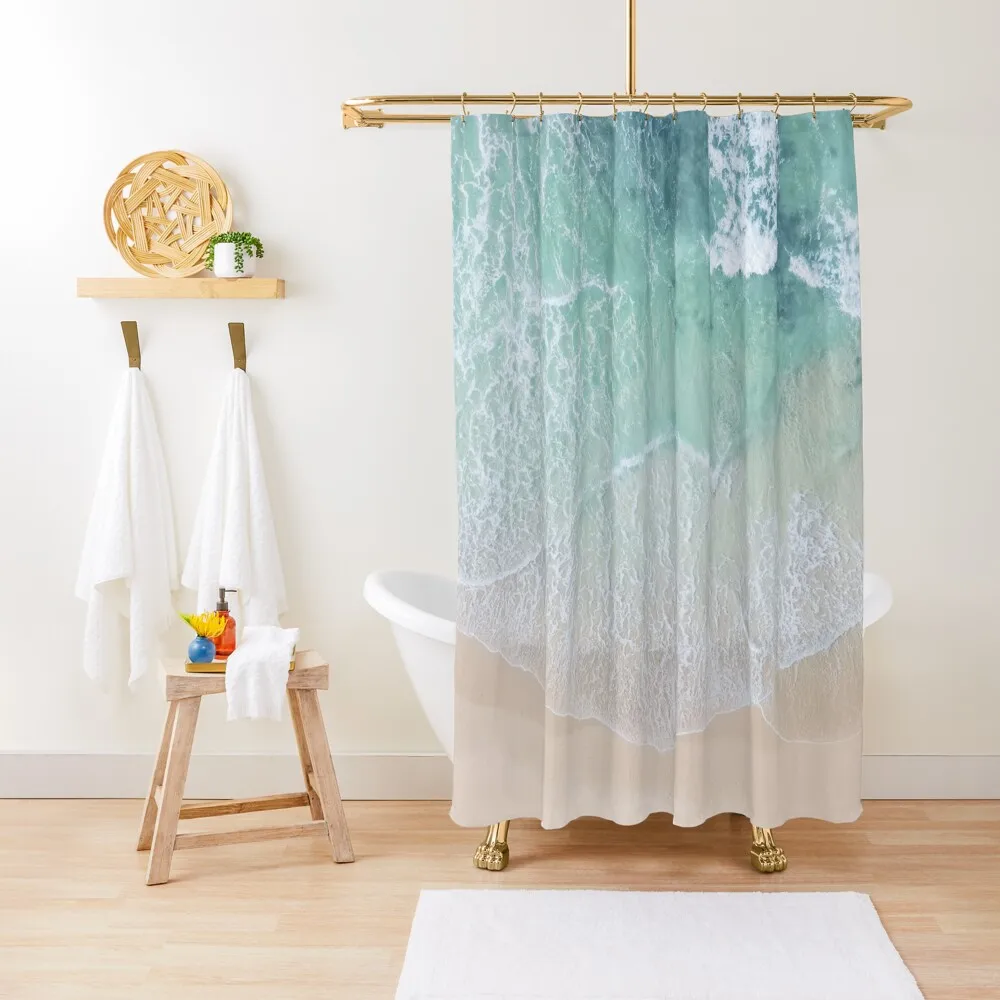 

Green And White Lace Beach Sand and Seashore Waves Shower Curtain Waterproof Shower Bathroom Box Curtain