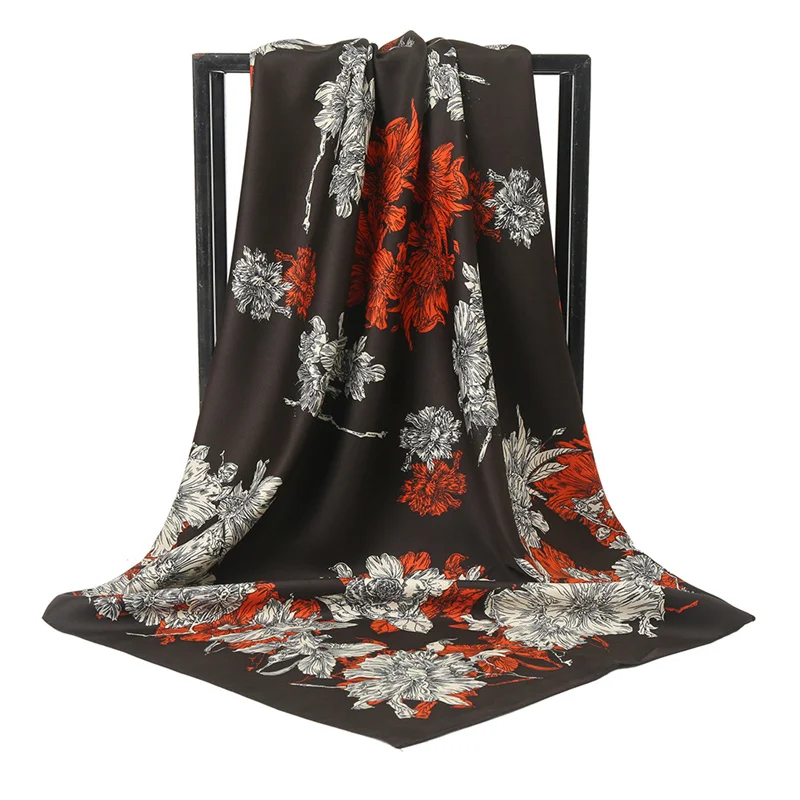 Luxury 90cm Manual Hand Rolled Twill Silk Scarf Women Print Curled Square Scarves Echarpes Foulards Femme Wrap Bandana Hijab