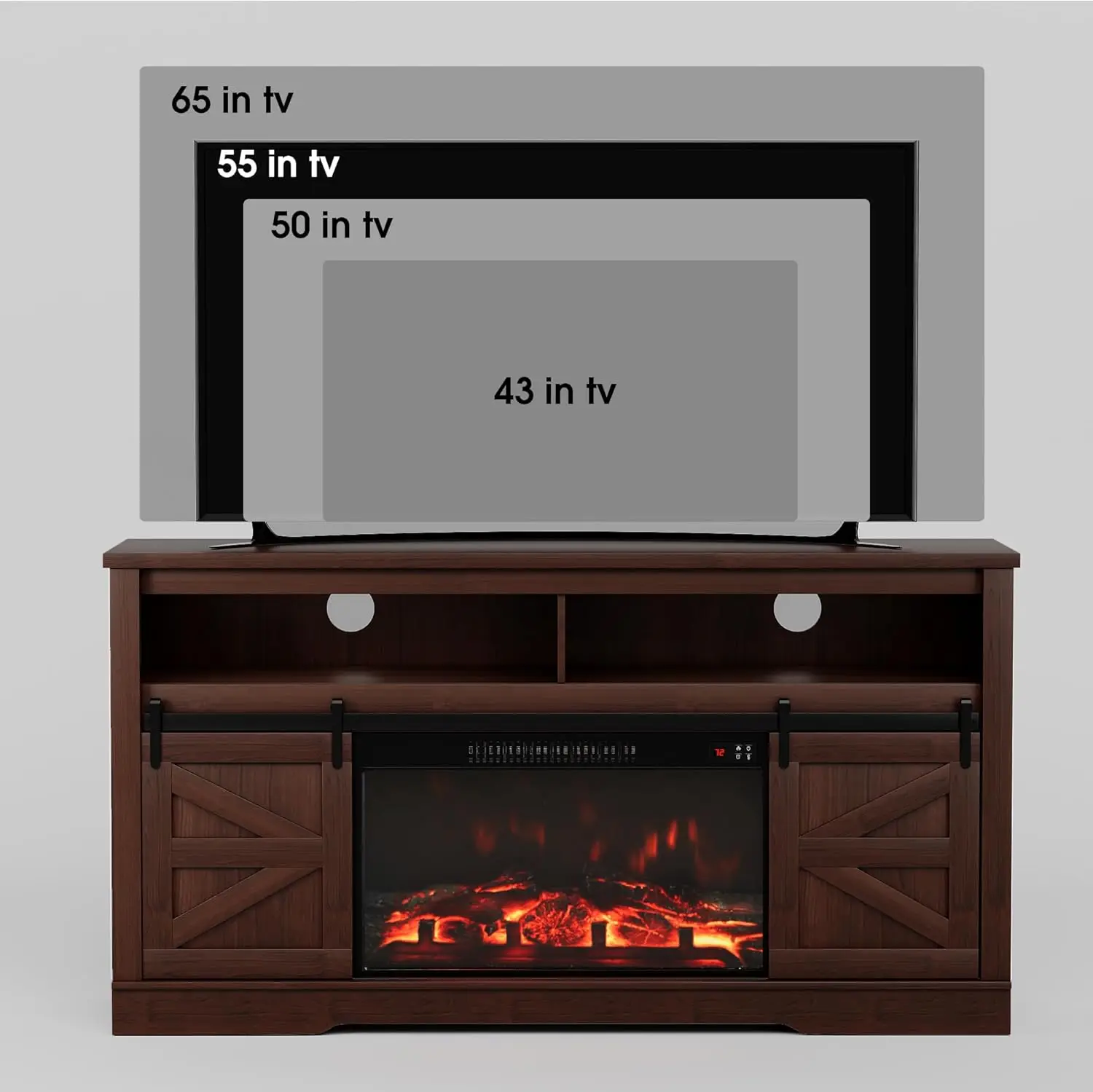 Supporto TV per TV da 65+ pollici con centro di intrattenimento con caminetto da 26'' con armadietto e ripiani regolabili, console multimediale con spirito