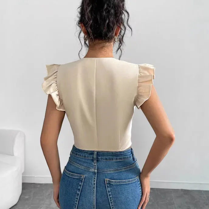 2026 Women's Solid Round Neck Ruffle Cap Sleeve Black Floral Embroidery Button Front Slim Fit Casual Trendy Elegant Blouse Shirt