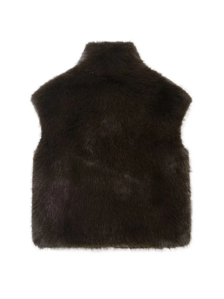 HH femmes mode Chic rue col haut solide ample chaud mince gilet court femmes fausse fourrure effet gilet sans manches haut décontracté