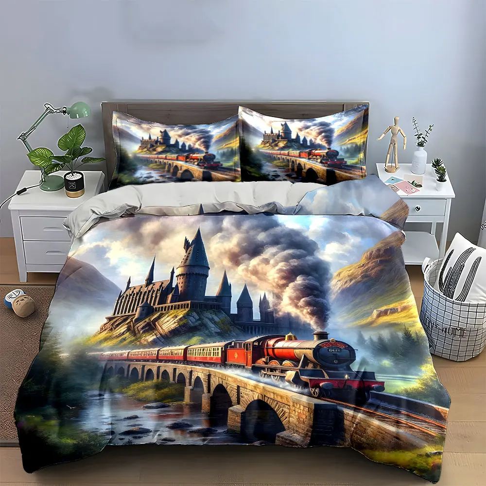 

Fantasy Train and Castle Set Multiple sizes kid's and adults' bedroom Exquisite 3PC bedding set, gift