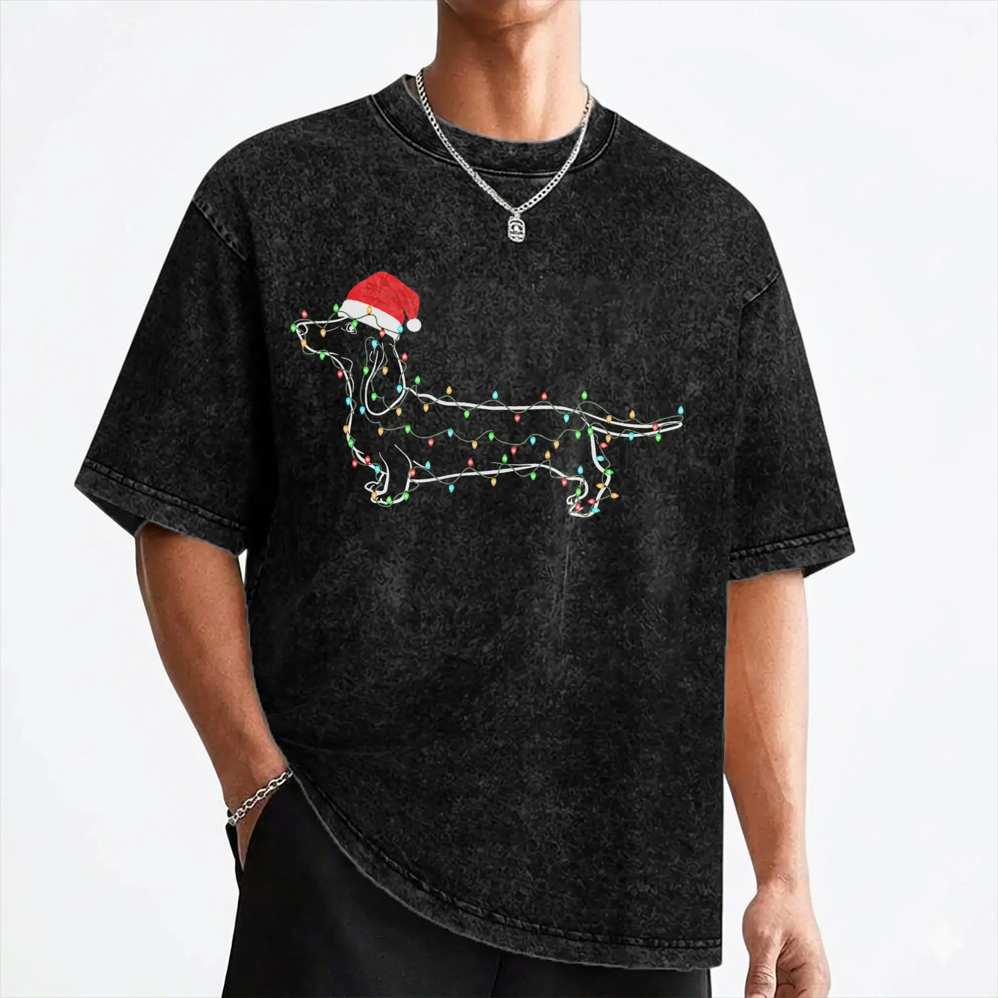 Dachshund Christmas Lights Santa Hat Xmas T Shirts Washed Cotton Harajuku T-Shirts Men Women Streetwear Graphic Printed Tees