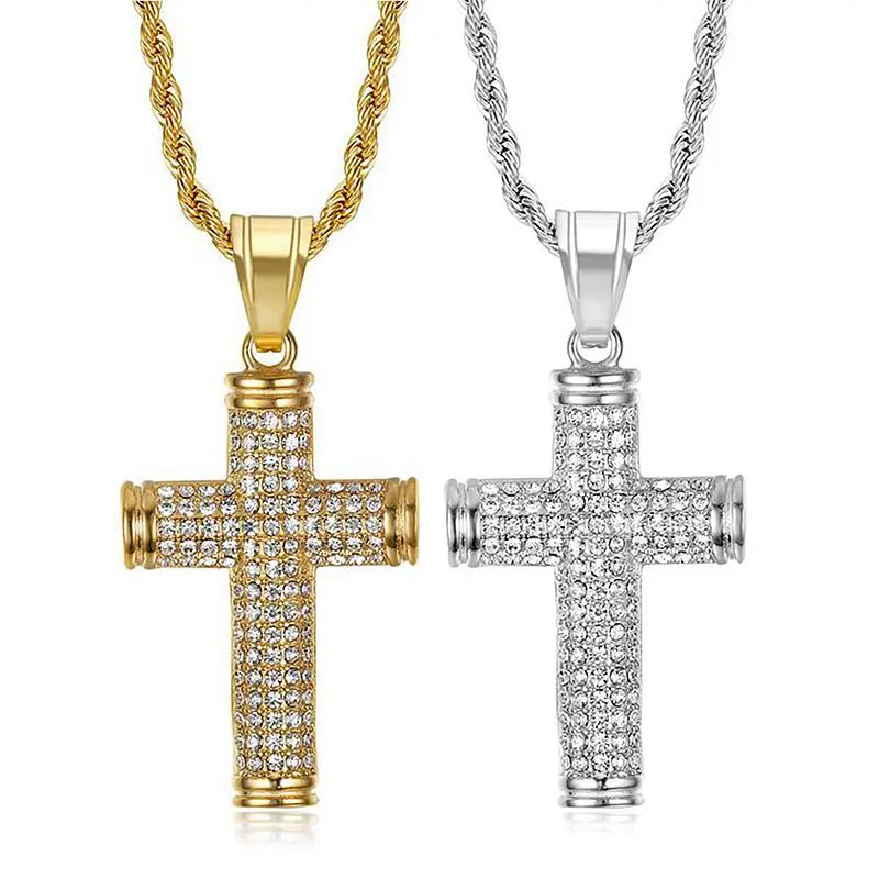 Hip Hop Bling Iced Out Gold Silver Color Titanium Stainless Steel Semi Cylindrical Cross Pendant Necklace for Men Rapper Jewelry