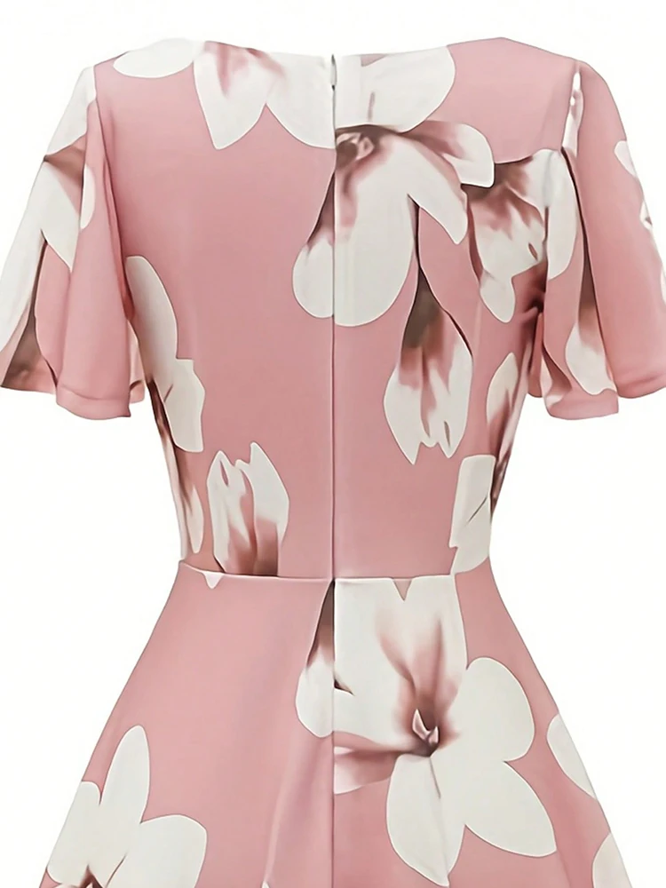 Bellissimo abito estivo con stampa floreale Abiti lunghi midi con maniche A-line Abiti da donna eleganti rosa Abbigliamento donna