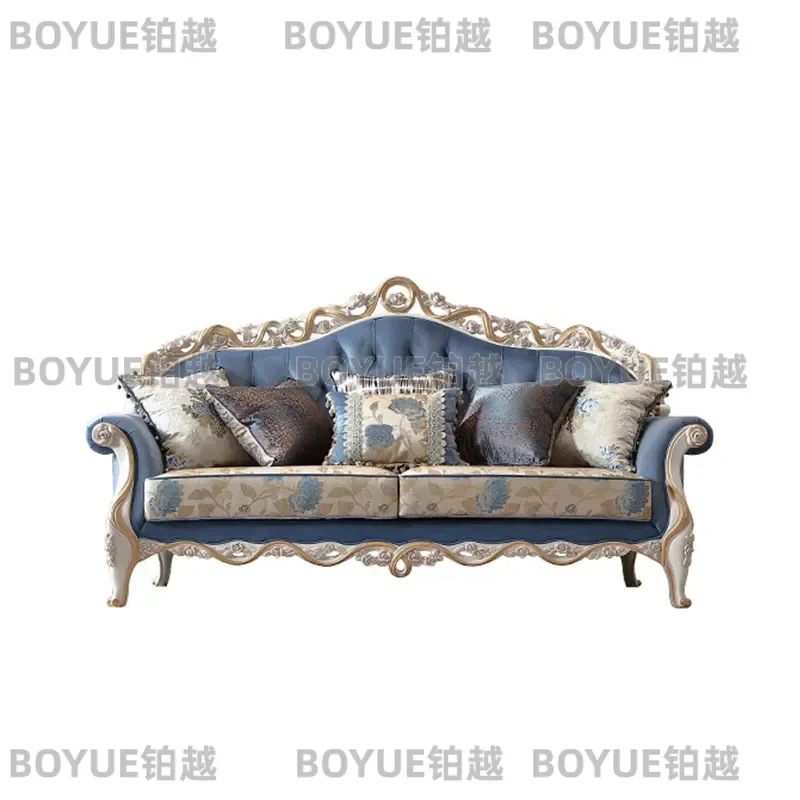 French Court Retro Real Velvet Sofa Luxury European Solid Wood Hand Carved Single Double Three Seater Couch Living Room