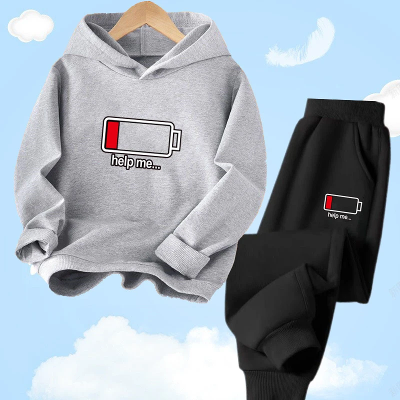 3-14years Kids Spring 2Pcs Set Funny Low battery Help Me Boys Hoodie Sweatshirts+Pants Set Teens Tracksuit Clothes