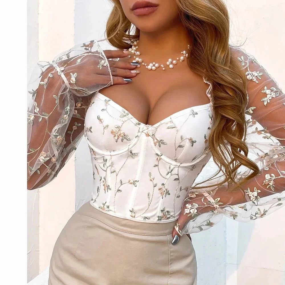 Y2K Sexy Bustier Style Shirt Women‘s Black Corset Top See-Through Mesh Long Sleeve with Red Floral Embroidery
