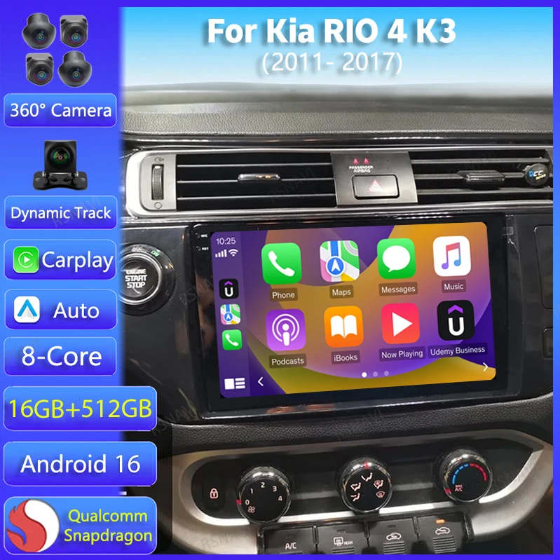 Radio para Auto Android 16 con Carplay, WIFI+4G para Kia RIO 4 K3 2011-2017, Reproductor Multimedia con Pantalla 2K, Reproductor de Video, DSP, Unidad Principal Estéreo, BT