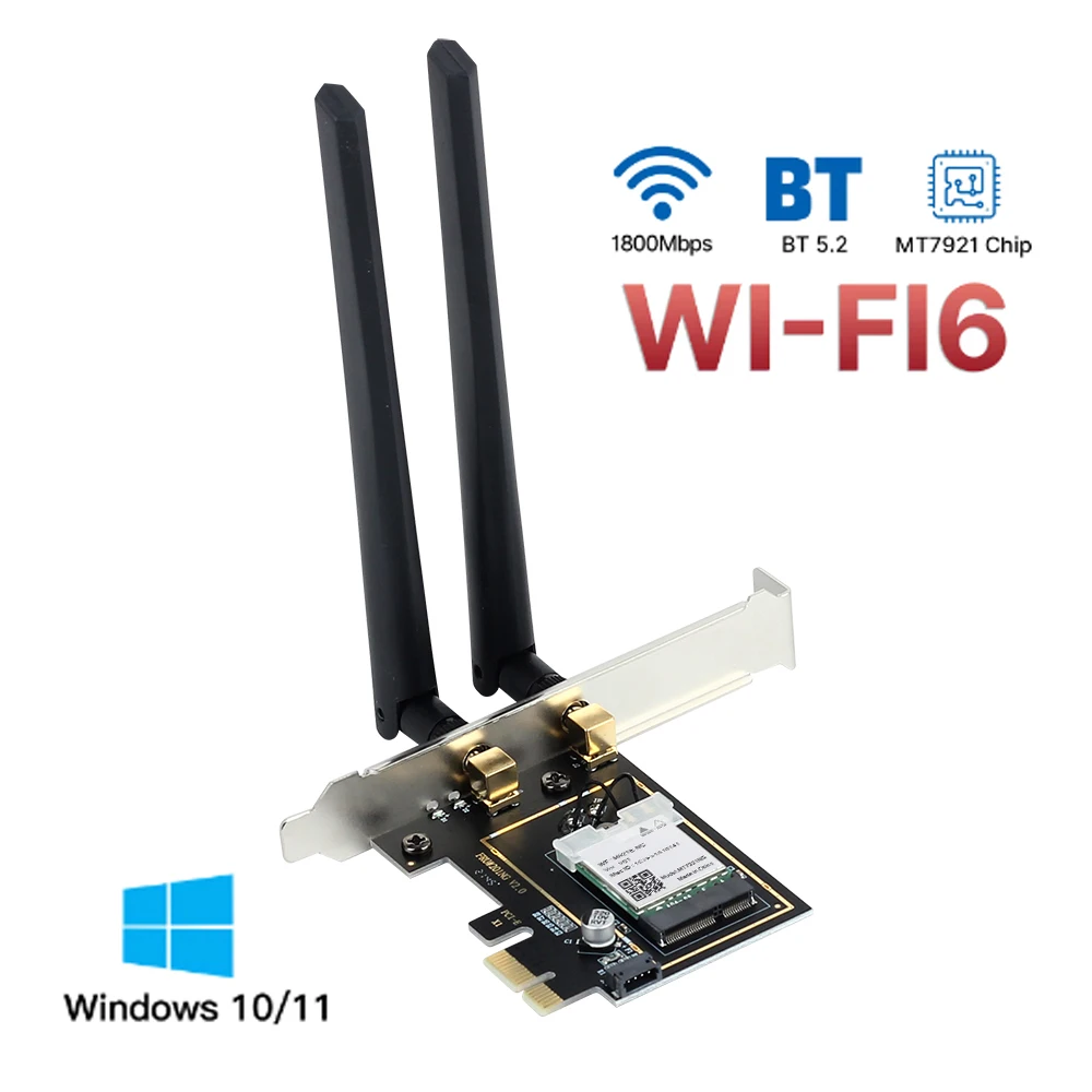 Adattatore WiFi 6 PCIe AX1800 Adattatore PCIe desktop wireless 1800Mbps BT5.2 802.11 AX Scheda WiFi dual band 2.4G/5G per Win10/11