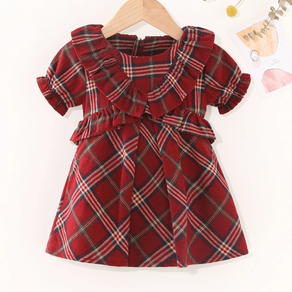 Toddler Baby Girl Plaid Ruffle Trim Short Sleeves Dress Little Kids Christmas Style Red Outfits