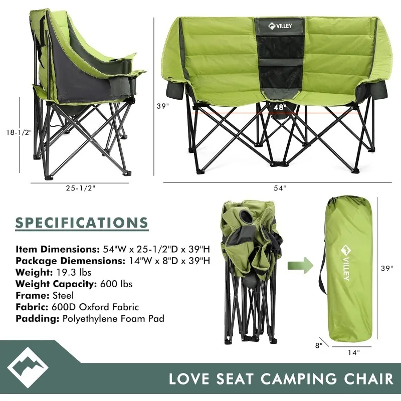 VILLEY Double Camping Chair w/Cooler Bag, Extra Wide Loveseat, Heavy Duty Padded Camping Couch, Portable Folding Chair w/Carry