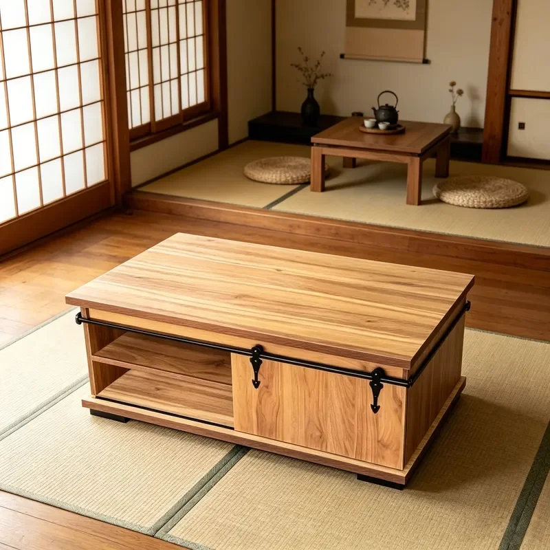 for Log Slide Rail Door Coffee Table Retro Living Room Storage Tea Table Multi-layer Board Large Capacity Factory Direct