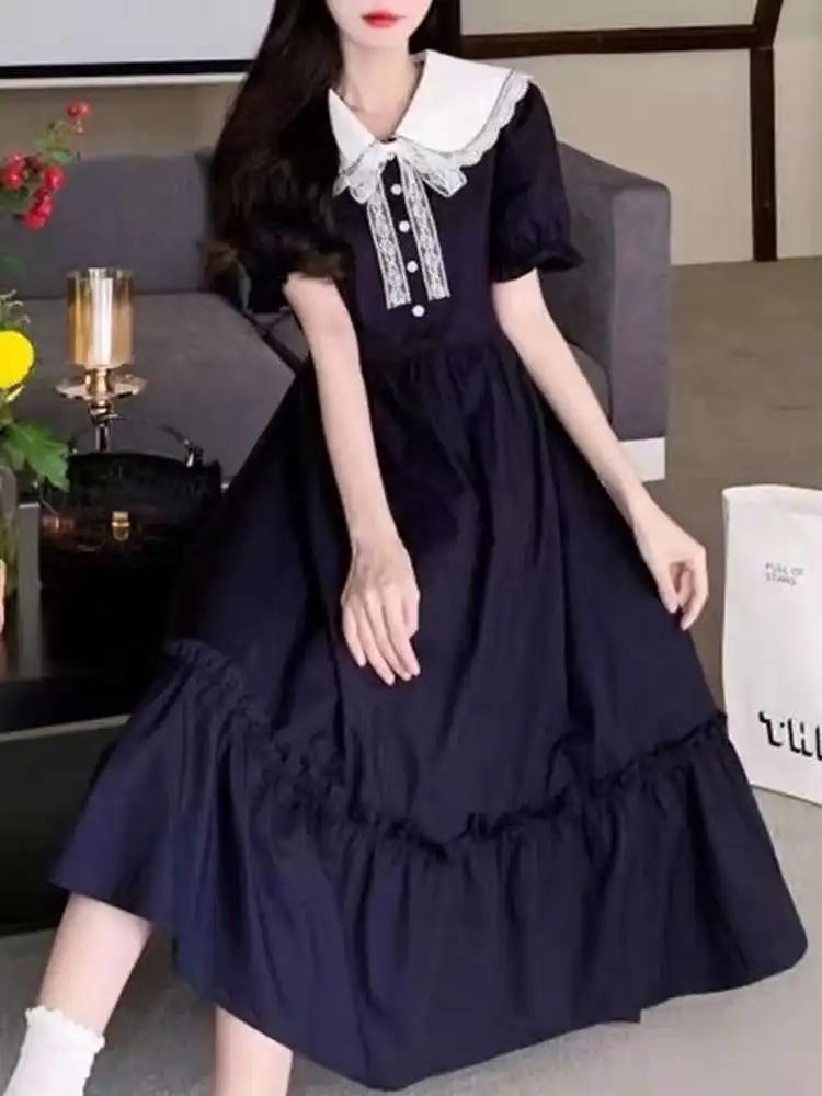 Dulce universidad Sle muñeca Collar dobladillo con volantes Dr mujeres verano talla grande estudiante chica adelgazante aspecto joven largo Dr