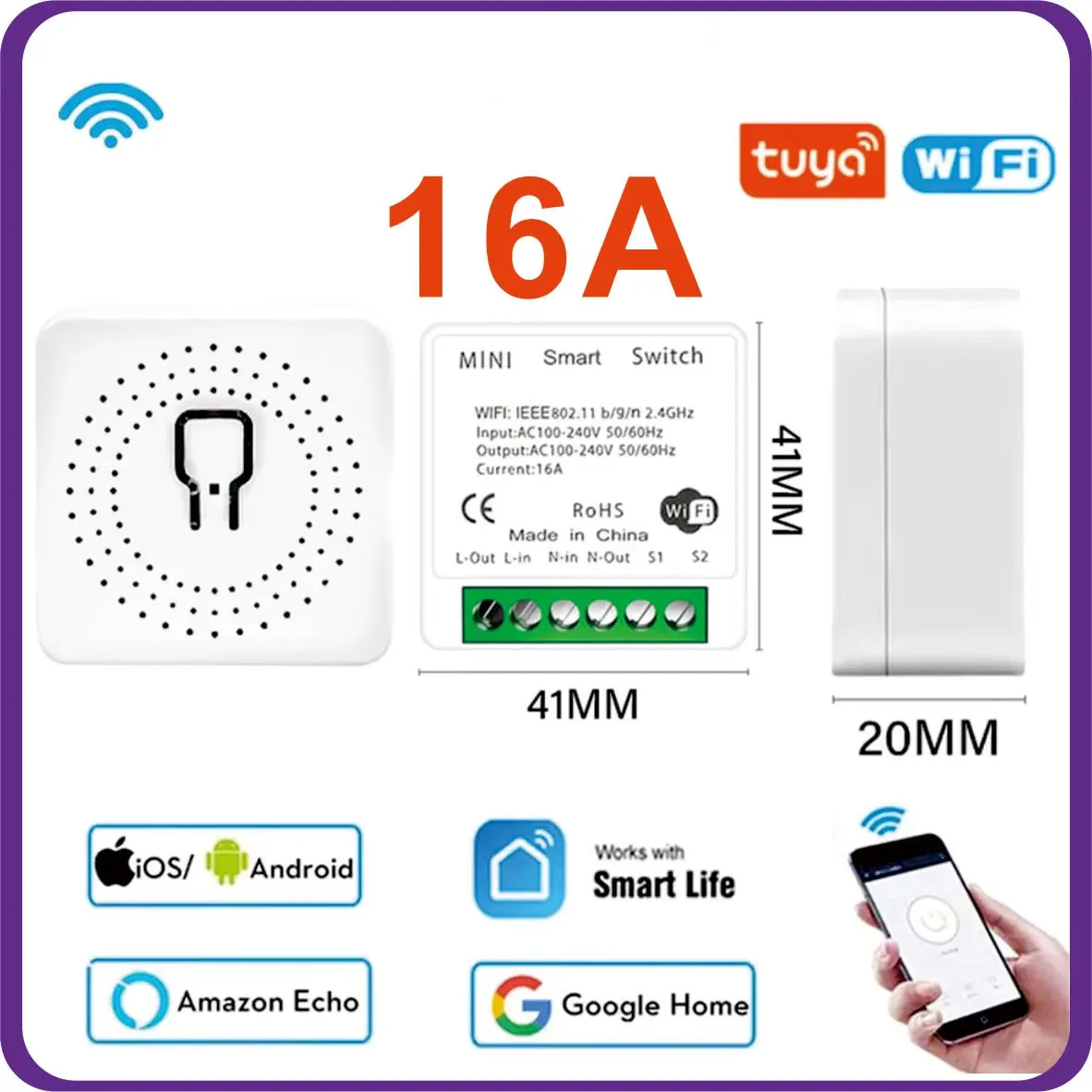 16A Mini Wifi DIY Light Switches Module 2-way Control Work With Tuya Smart Life Alexa Alice Google Home