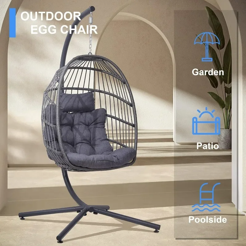 Egg Chair with Stand, Hanging Egg Swing Hammock Chair with Stand, Indoor Outdoor Wicker Egg Chair with Cushion Headrest