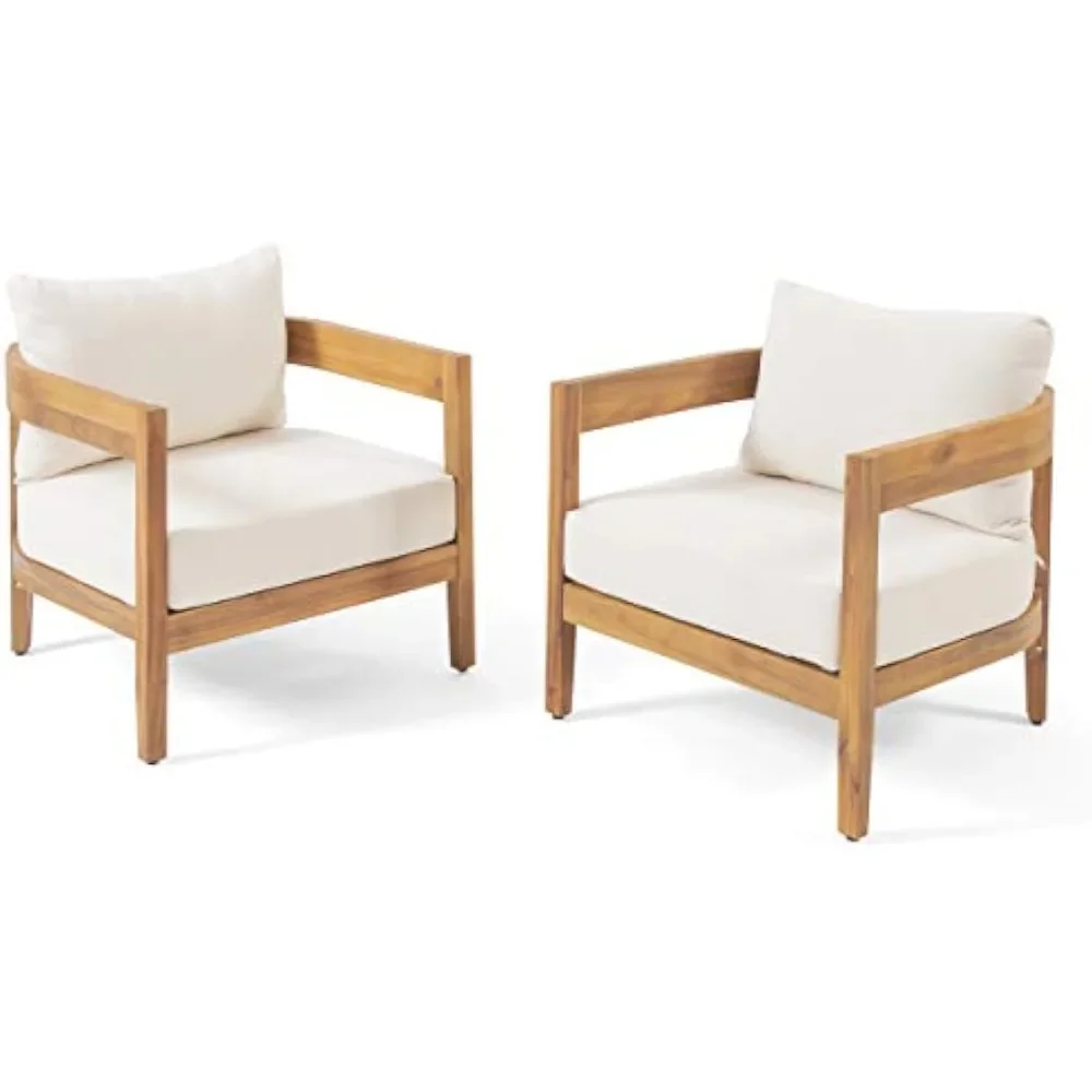 Outdoor Club Chair with Cushions (Set of 2), Teak Finish, Beige