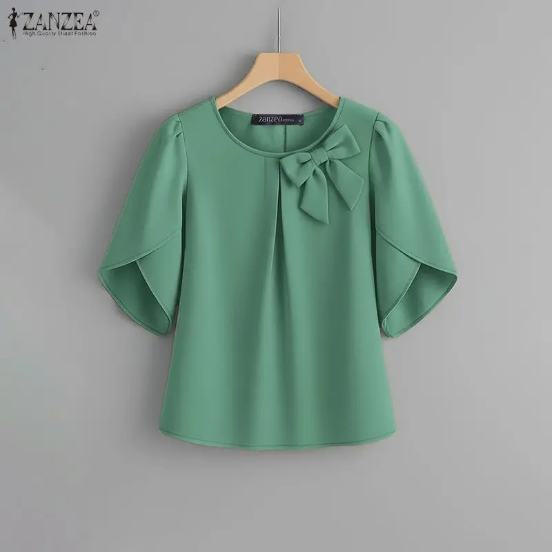 

2026 ZANZEA Summer Short Petal Sleeve Blouse Women Elegant OL Work Shirt Stylish Solid Holiday Tunic Tops Casual O Neck Blusas