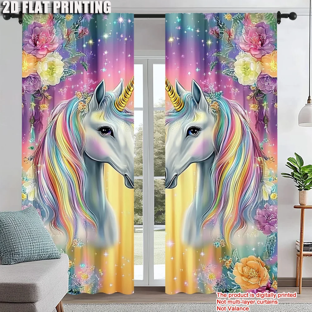 

2Pcs Colorful Rose Unicorn Window Curtains For Bedroom Living Room Magical Floral Unicorn Design For Home Office Decor Aesthetic