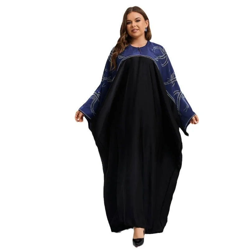 Plus Size Muslim Dress Women Summer Autumn Muslim Long Sleeve Patchwork Diamonds Rhinestone Robes Abaya with Scarf Gowns Outfits