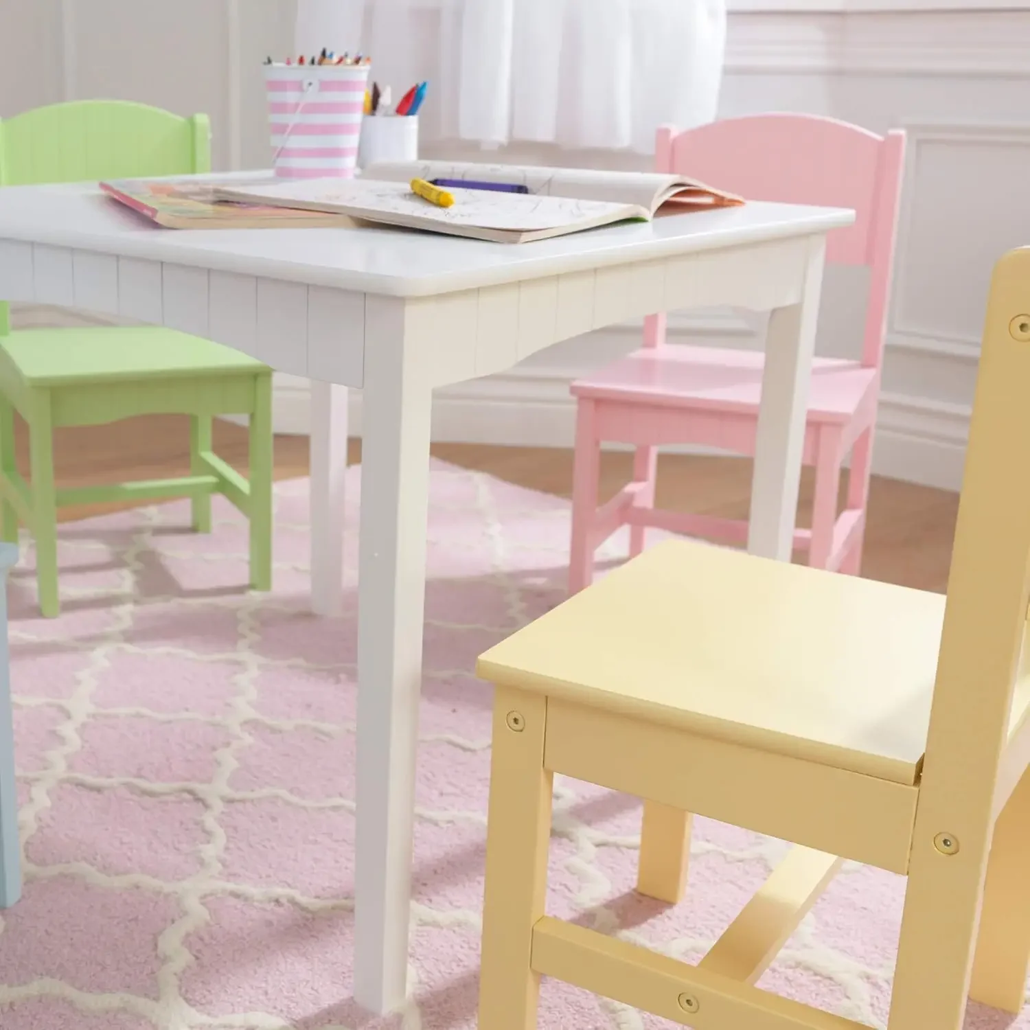 Nantucket Kid's Wooden Table & 4 Chairs Set with Wainscoting Detail, Pastel