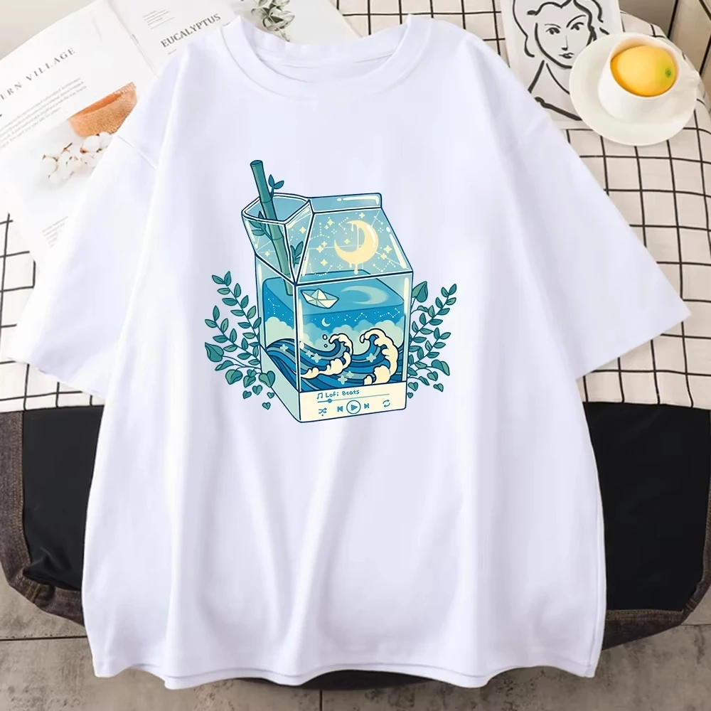 

Milk Box Moonlight Waves Prints Women Clothing Creativity Casual Crewneck T-Shirts All-math Breathable Women Short Sleeve Y2K