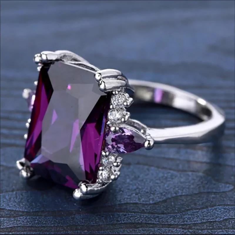 2023 Trendy  Color Amethyst Rings for Women Large Square Purple Crystal Cubic Zircon Rhinestone Ring Fashion Party Jewelry