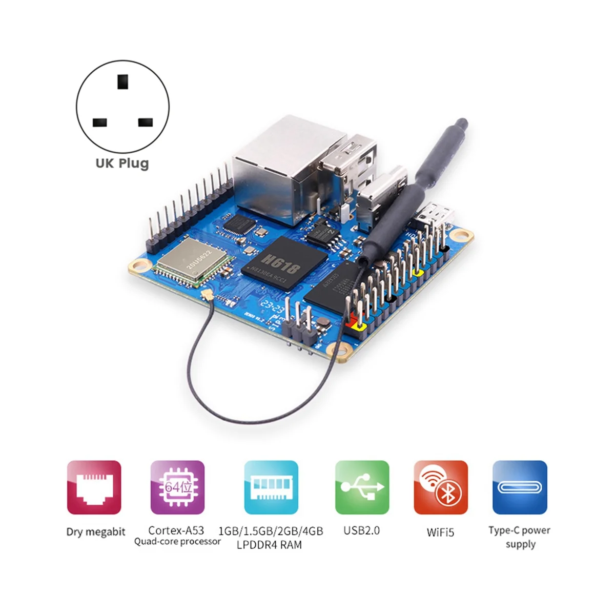 For Orange Pi Zero 3 Development Board 1.5GB Package RAM H618 WiFi5+BT5.0 Gigabit LAN for Android 12 Debian12 UK Plug