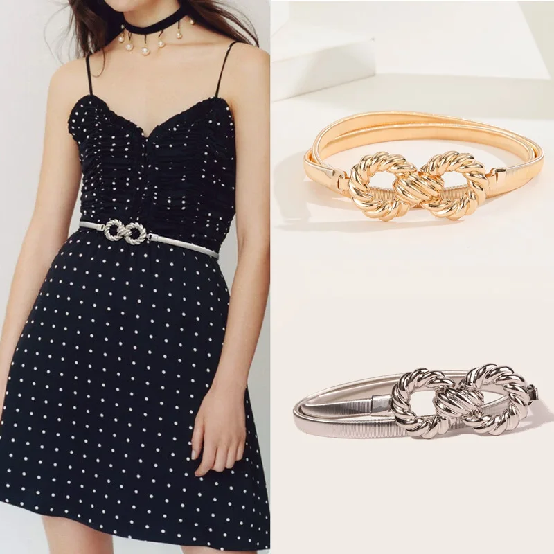 أحزمة سلسلة مطاطية ذهبية معدنية للسيدات، نمط كلاسيكي قابل للسحب، إبزيم دائري، إكسسوارات فستان سلسلة الخصر الأنيقة