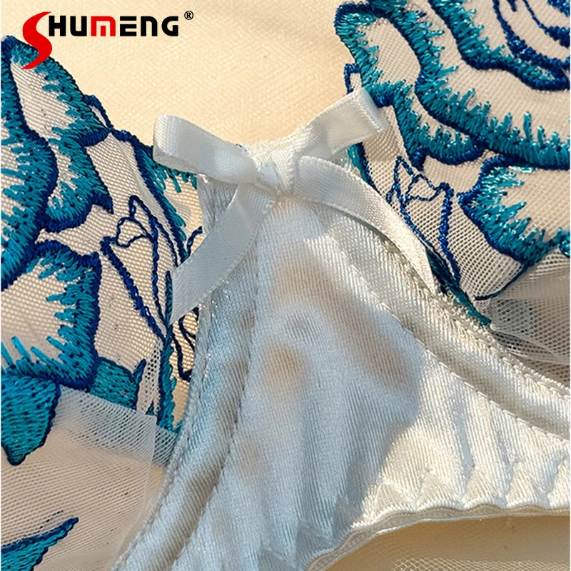 French Sexy Lingerie Outfits for Women Pure Embroidered Blue Floral Bra Set Female Underwire Push Up Ultra Thin Brief Suits