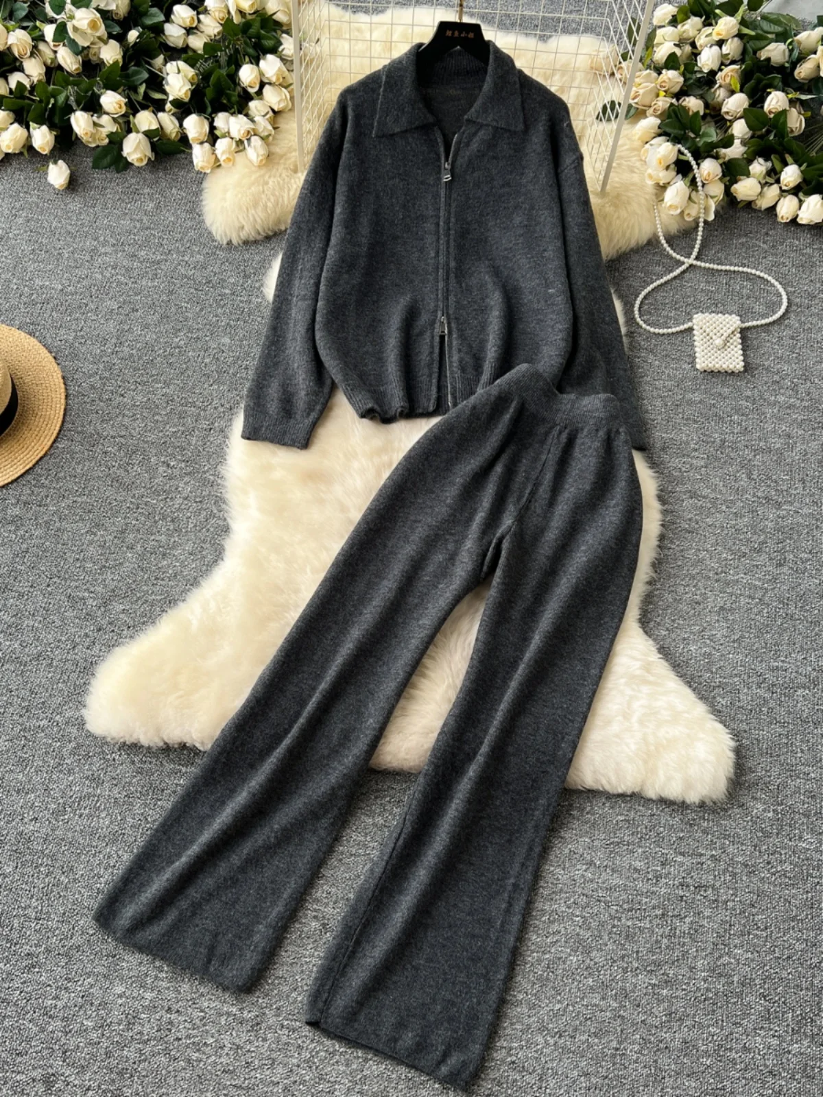 

Women's Knitted Zipper Ne Sweater Set with Long Pants Vintage Lazy Sle 2024 New Arrival Faion Commute Winter Wear