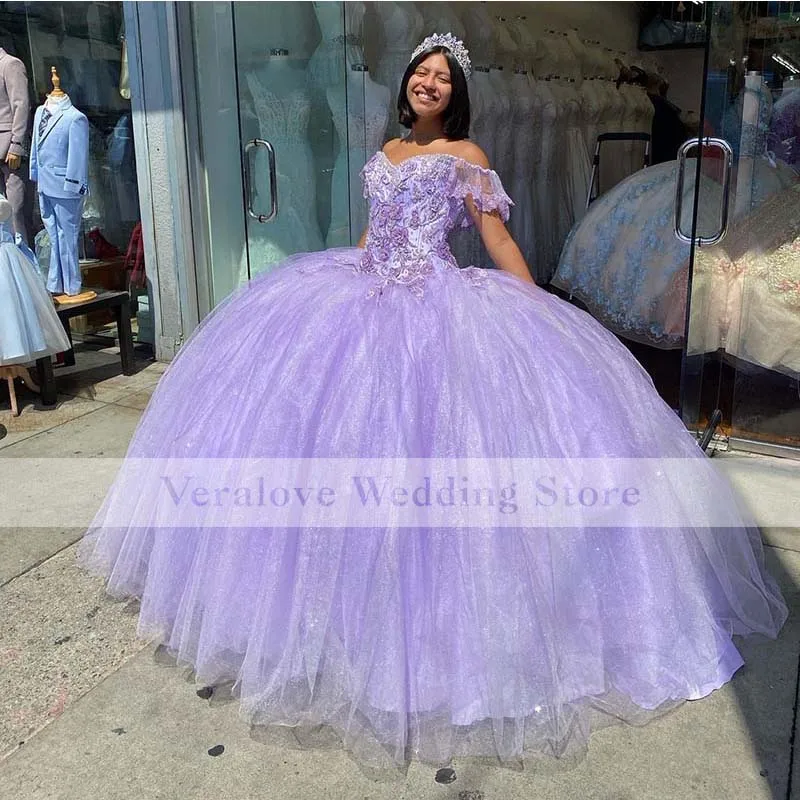 2021 라벤더 푹신한 볼 가운 Quinceanera 드레스 아플리케 레이스 스위트 16 드레스 XV Vestido De 15 Anos Quinceanera