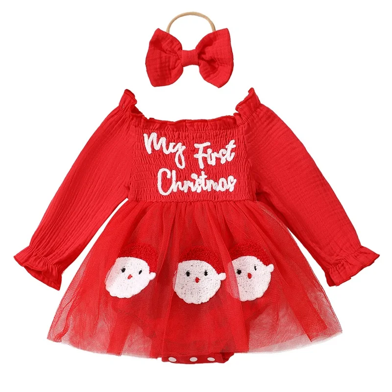 Newborn Baby Girl Christmas Outfit My First Christmas Romper Santa Baby Tulle Dress Headband Infant Xmas Clothes