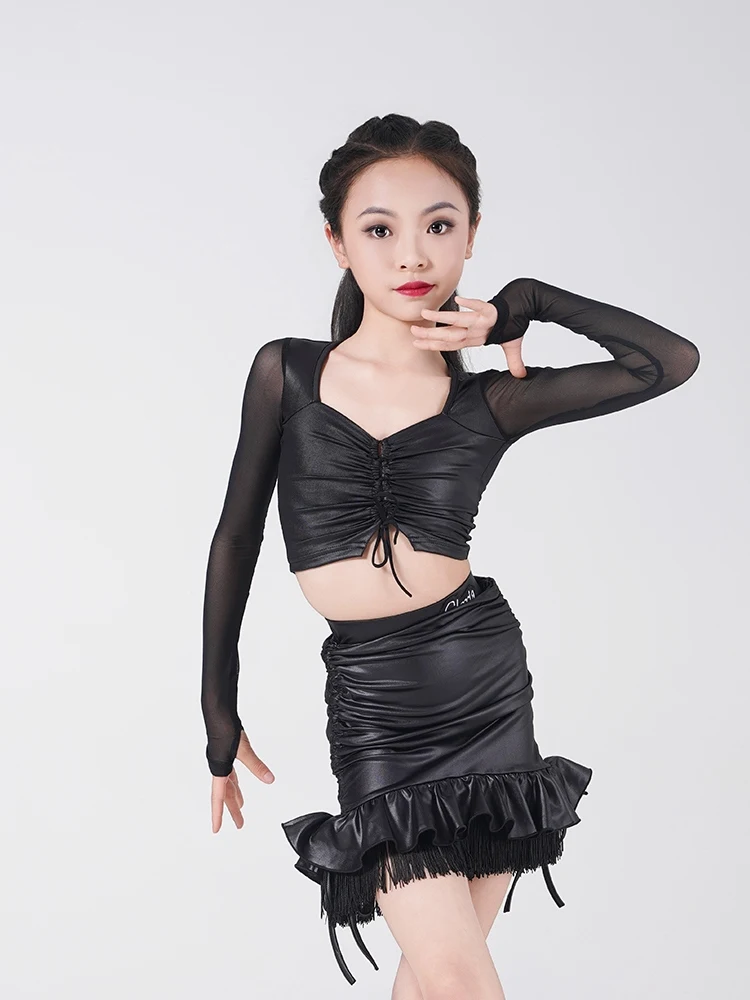 New Girls Latin Dance Clothes Kid's Imitation Leather Long Sleeveless Dance Practice Wear Samba Dance Performance Clothes XH707