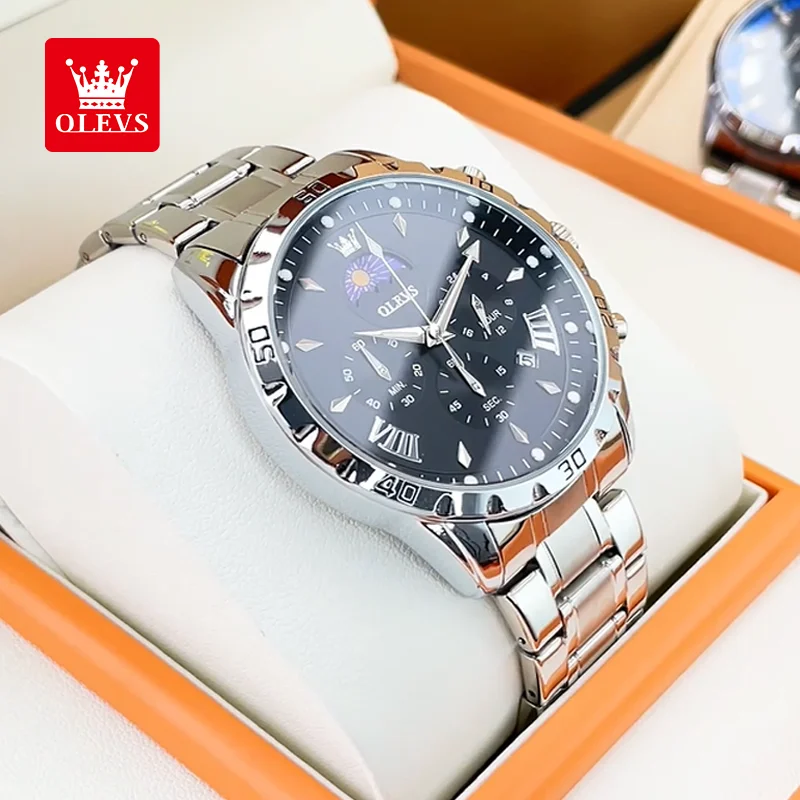 

OLEVS Moon Phase Мужские часы Светящийся скелет Водонепроницаемые кварцевые часы Оригинальный календарь Хронограф Наручные часы из нержавеющей стали