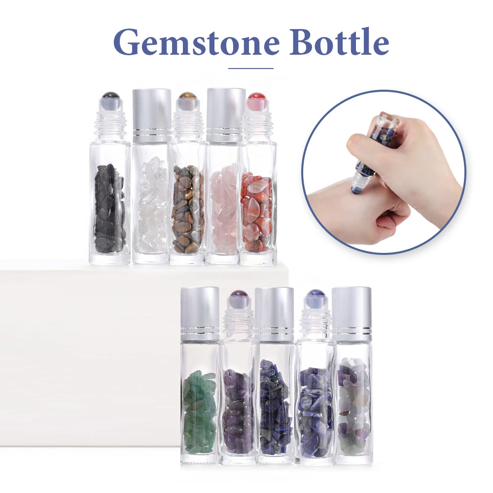 

5/10pcs Natural Gemstone Roller Bottles For Essential Oils Refillable Roll-On Healing Crystal Bottles Chips Semiprecious Stones