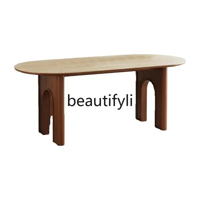 35French retro cream wind rock slab dining table light luxury high sense medium ancient natural travertine, dining room