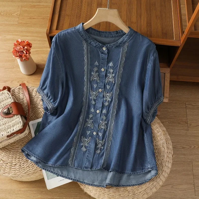 

Chinese Style Women's Blouse Vintage Embroidery Shirts Fashion Loose Summer Denim Clothing Short Sleeve Women Tops