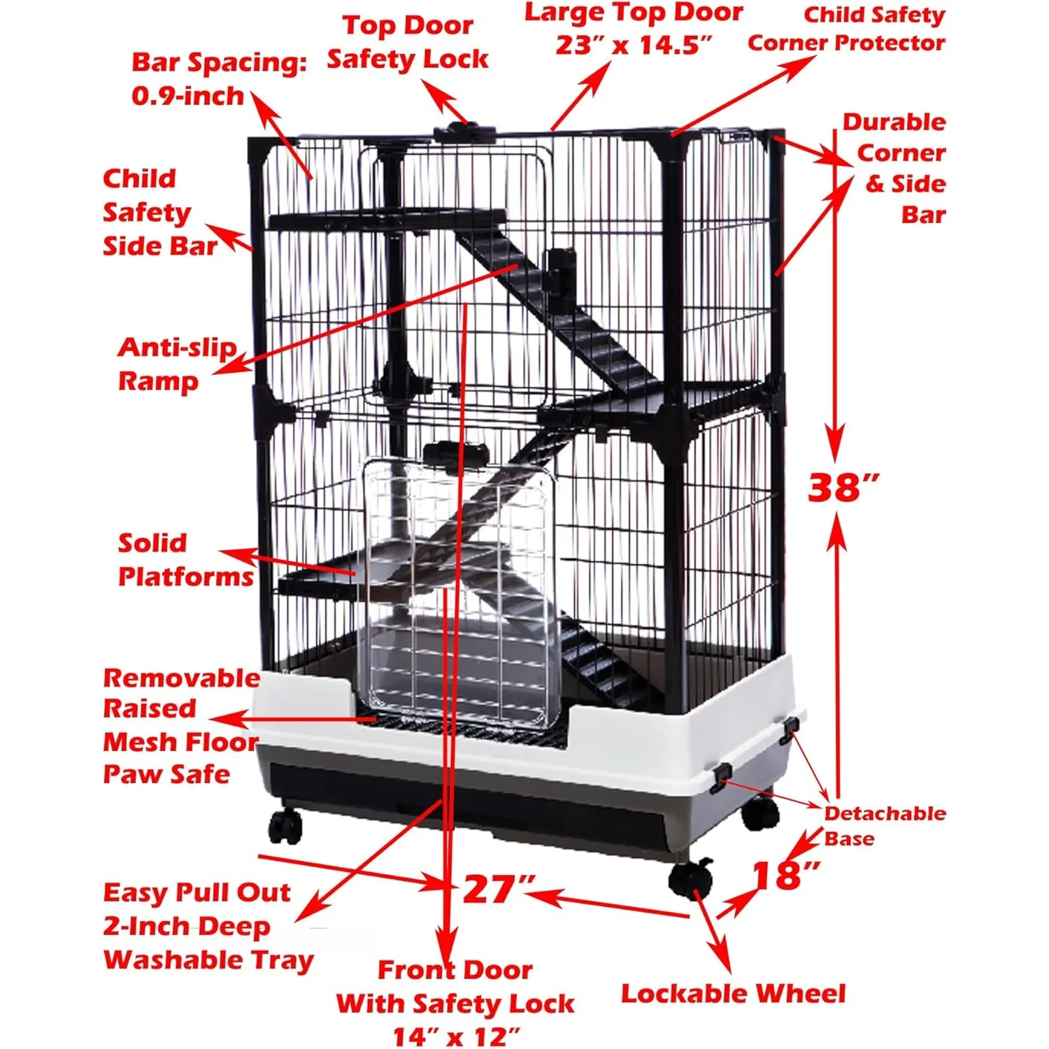 4-Level in/Outdoor Rabbit Hutch Cage for Ferret Safe Solid Ramp Mesh Floor Pull Out Leakproof 2-Inch Deep Tray Lockable Casters